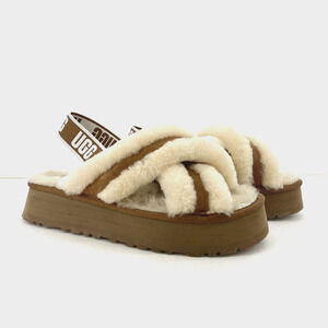 UGG Disco Cross Slide Platform Sandals Chestnut Slingback Sheepskin Women's 9